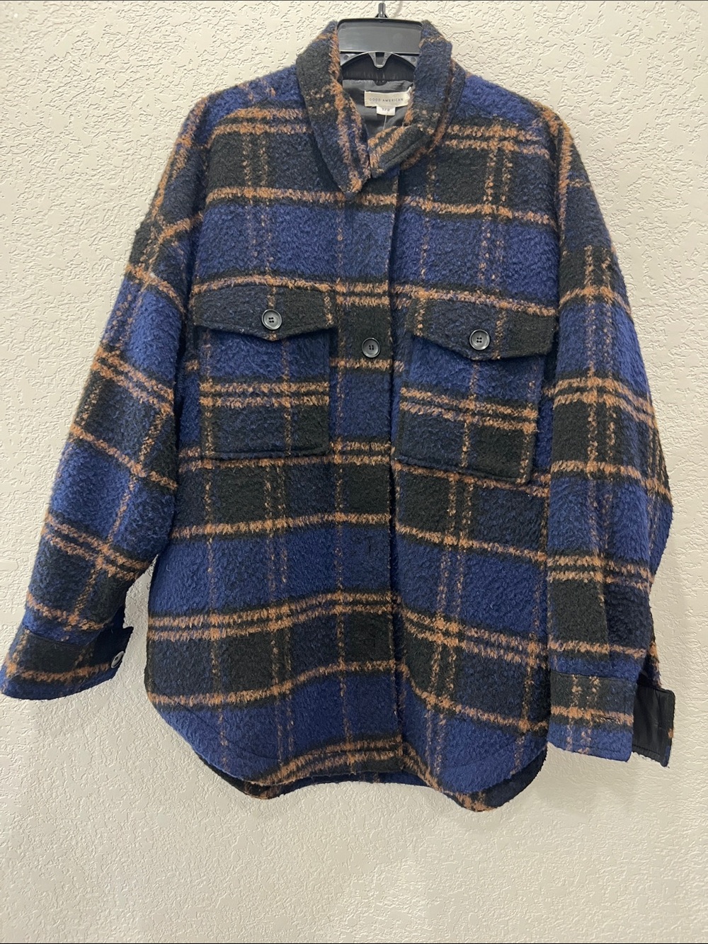 Good American Blue & Black Plaid Brushed Boyfriend Shacket